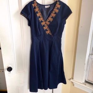 eShakti Floral Embroidered Knit V-Neck Dress - Navy Large 14
